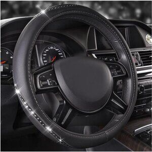 Bling Diamond Black Leather Steering Wheel Cover, Studded Crystal Rhinestones